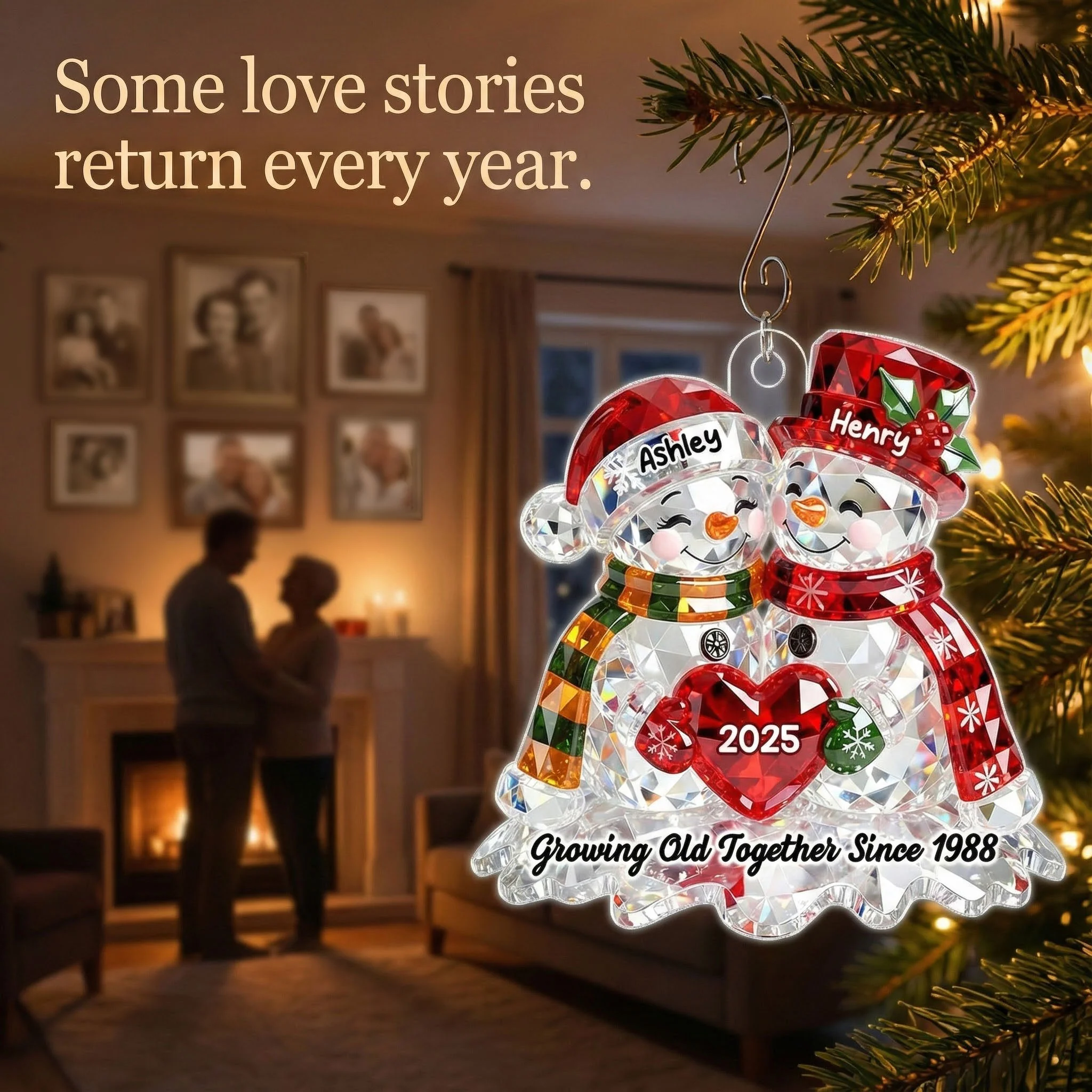 Snowman Couple 3D Crystal Effect - Personalized Acrylic Ornament - Christmas Gift for Couple - Image 3