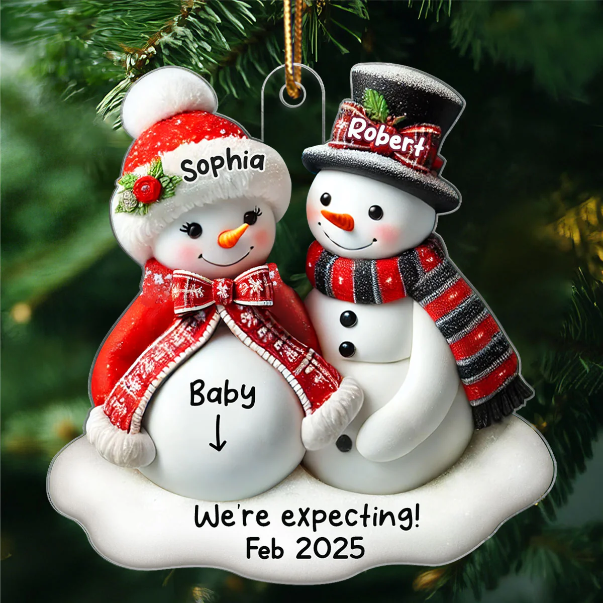 Snowman Couple Expecting Parents Pregnancy Announcement 3D Effect Keepsake Personalized Acrylic Ornament - Image 5