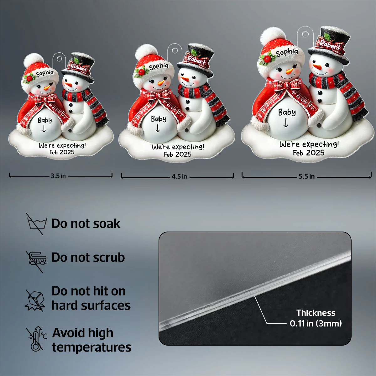 Snowman Couple Expecting Parents Pregnancy Announcement 3D Effect Keepsake Personalized Acrylic Ornament - Image 8