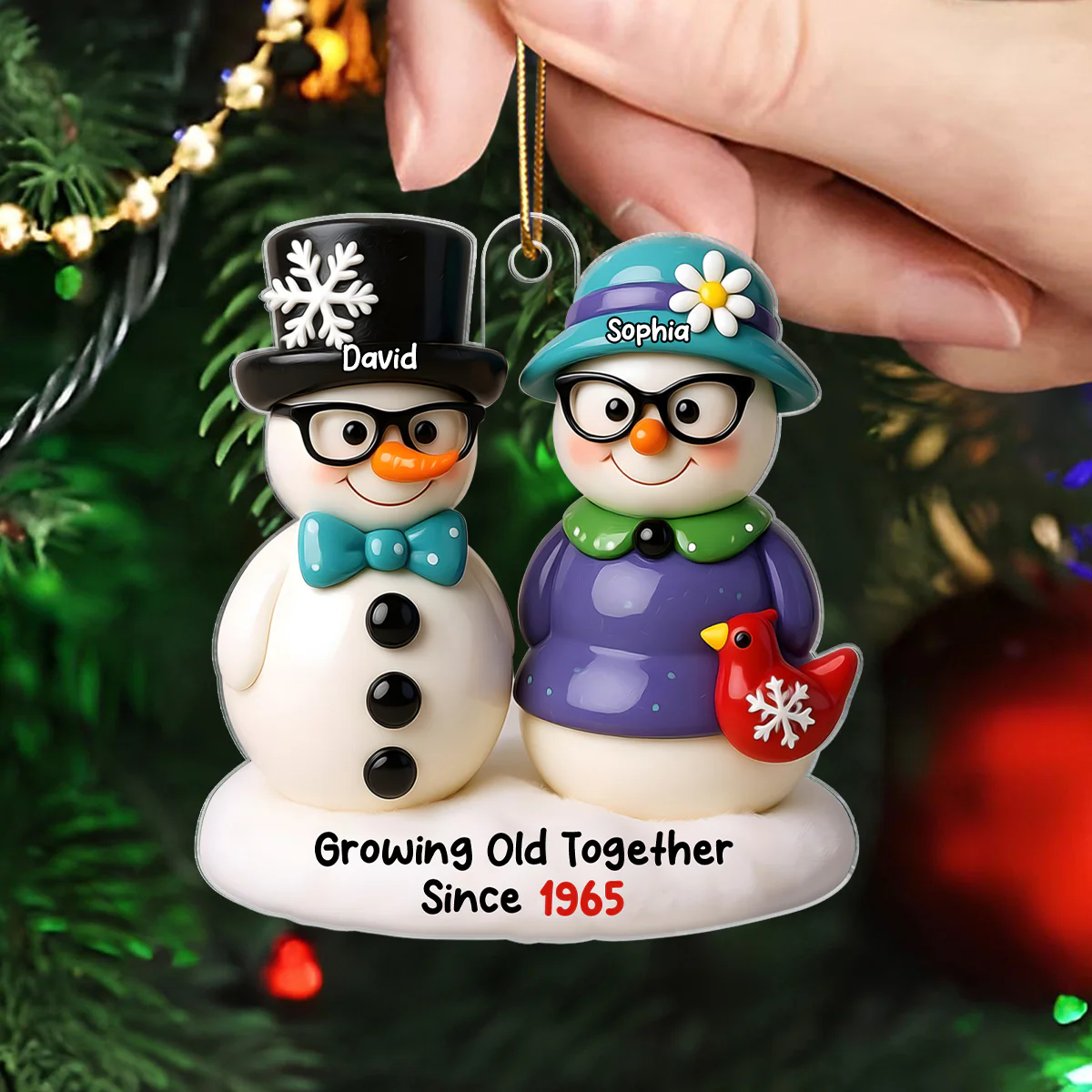 Snowman Couple Growing Old Together Personalized Acrylic Ornament, 3D Effect Ornament for Couple - Image 2