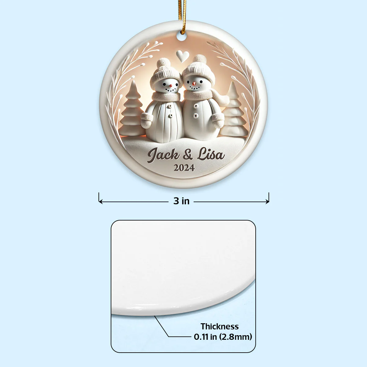 Snowman Couple White Christmas Ceramic Ornament, Personalized Couple 3D Effect Ornament, Christmas Gift For Married Engaged Couples, For Couples - Image 6