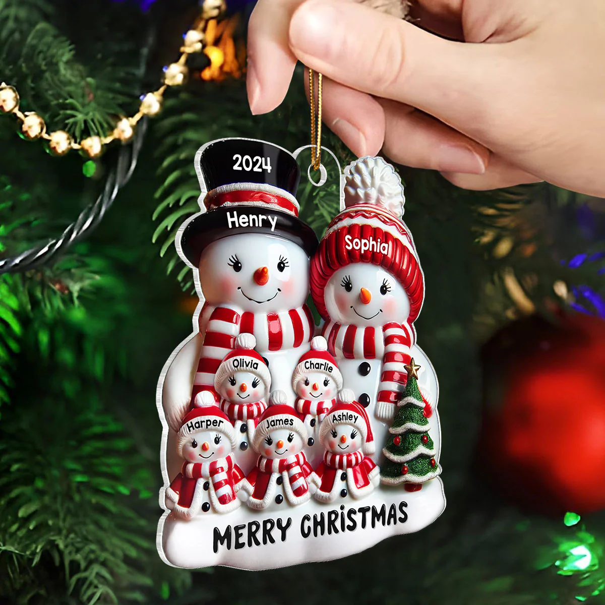 Snowman Family Glossy Effect Christmas Decor Personalized Acrylic Ornament - Image 4
