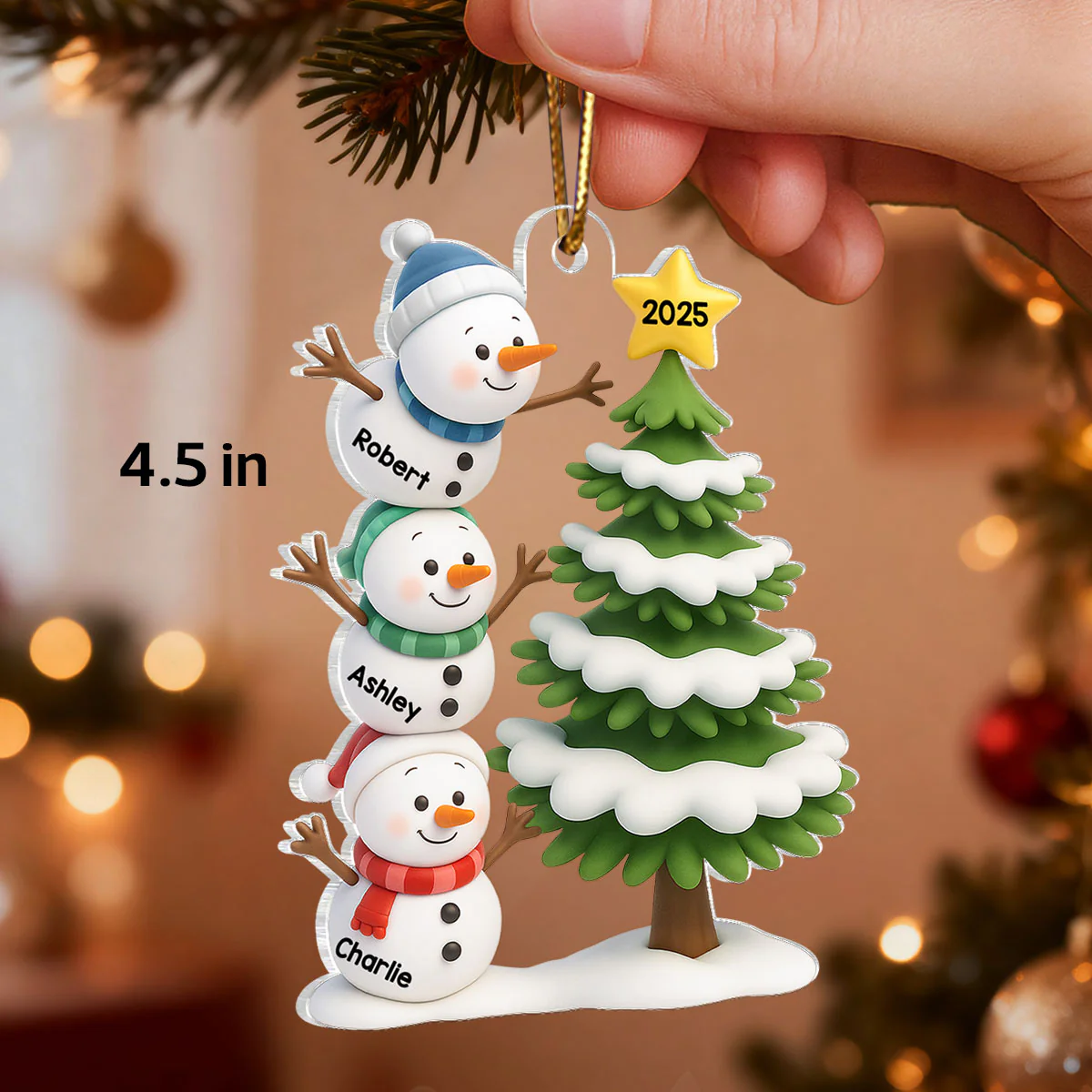 Snowman Family Stack 3D Effect Christmas Tree - Personalized Acrylic Ornament - Image 2