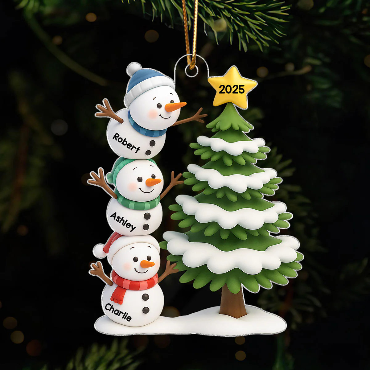 Snowman Family Stack 3D Effect Christmas Tree - Personalized Acrylic Ornament - Image 3