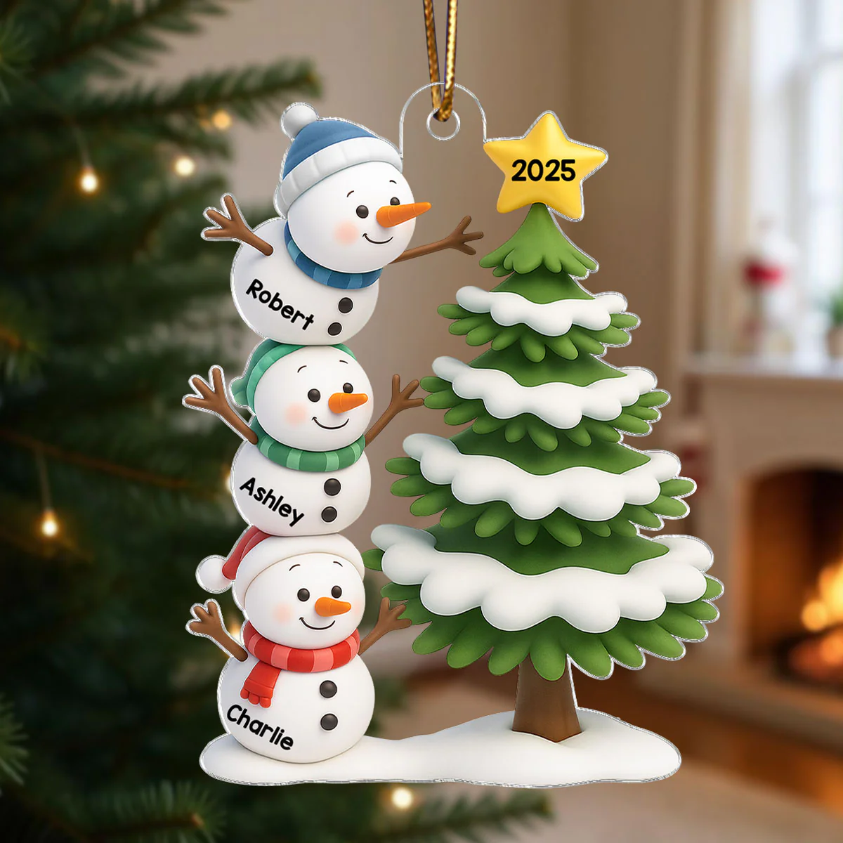 Snowman Family Stack 3D Effect Christmas Tree - Personalized Acrylic Ornament - Image 4