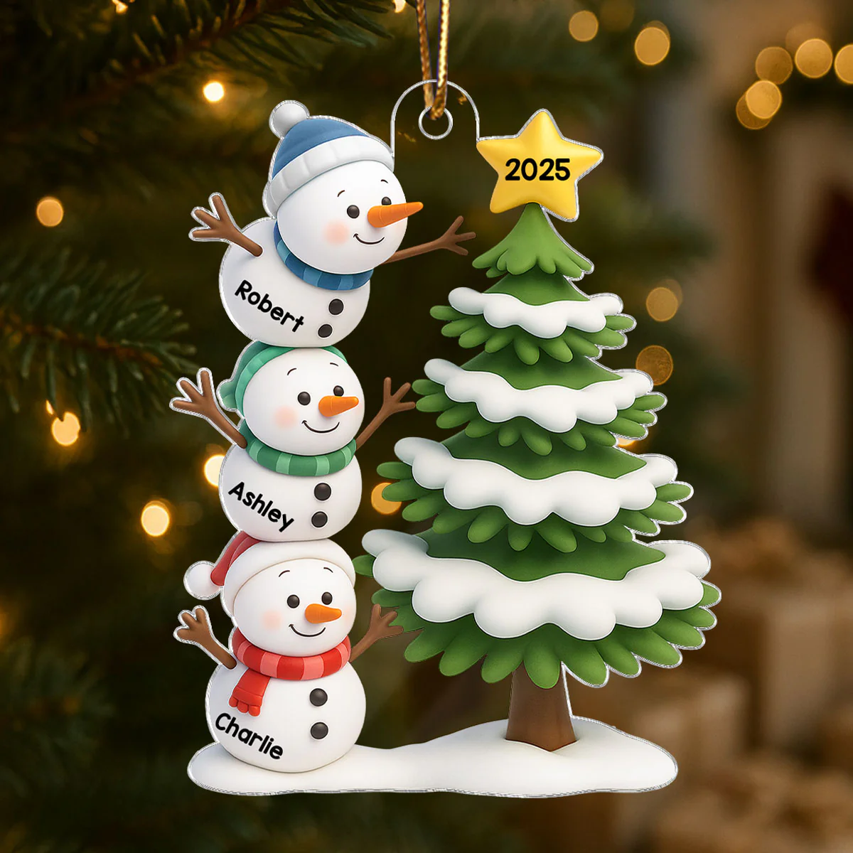 Snowman Family Stack 3D Effect Christmas Tree - Personalized Acrylic Ornament - Image 5