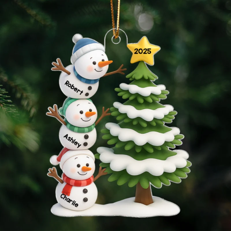 Snowman Family Stack 3D Effect Christmas Tree - Personalized Acrylic Ornament - Image 7
