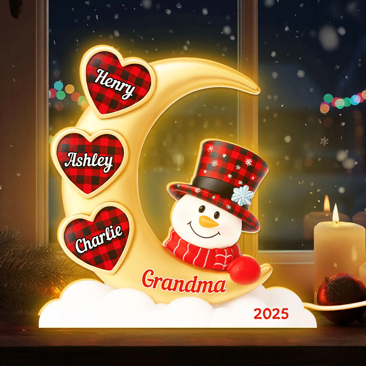 Snowman Grandma And Grandkids On Moon - Personalized Light box - Perfect Christmas Gift for Grandma