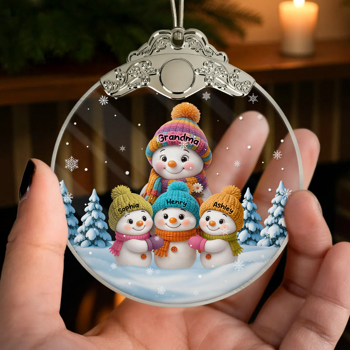 Snowman Grandma & Grandkids in Snow - Personalized Glass Ornament With Silver Cap - Heartwarming Christmas Gift for Grandma Grandpa - 3D Effect Ornament - Image 5