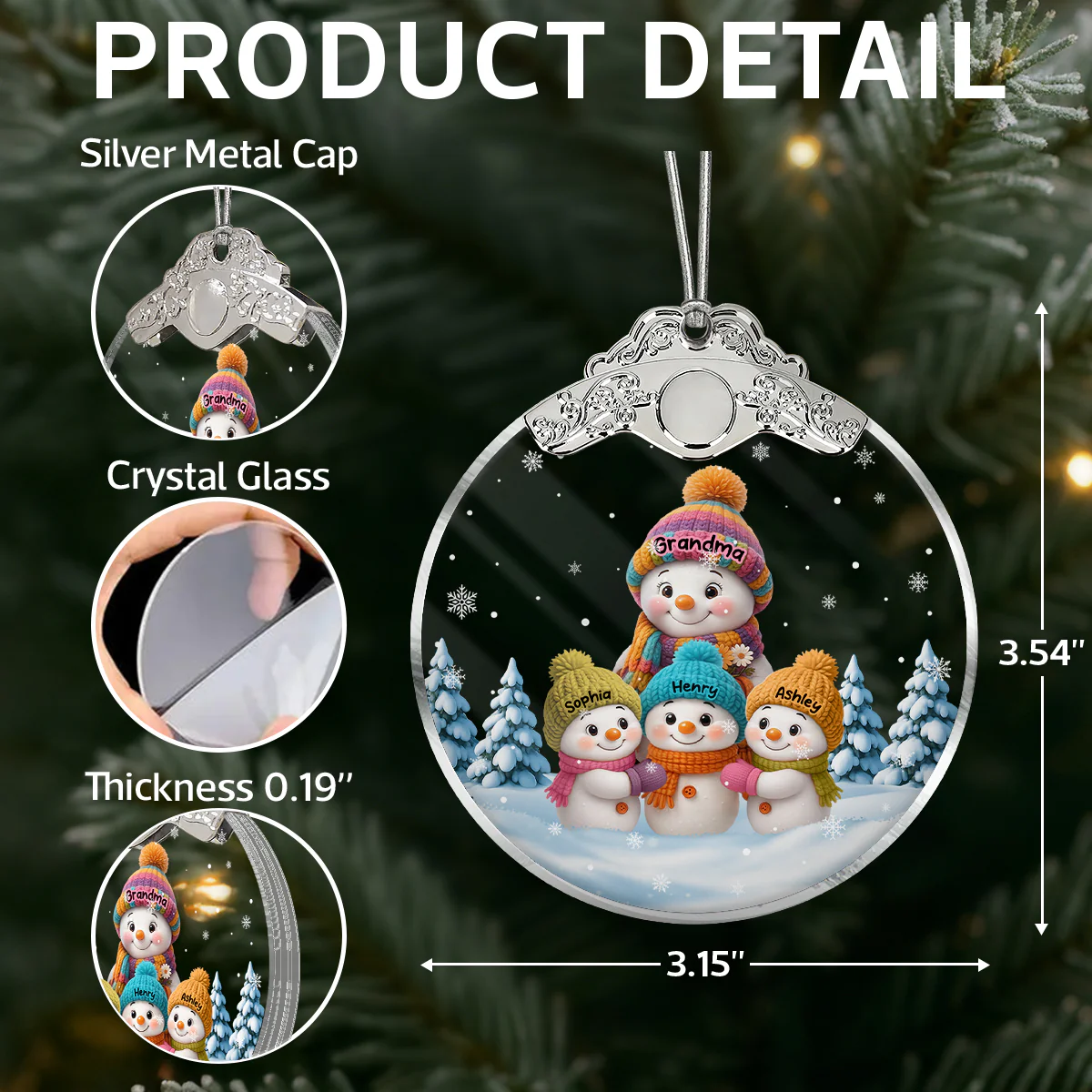 Snowman Grandma & Grandkids in Snow - Personalized Glass Ornament With Silver Cap - Heartwarming Christmas Gift for Grandma Grandpa - 3D Effect Ornament - Image 7