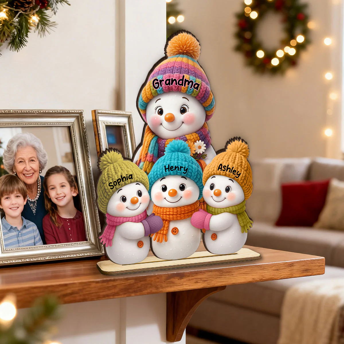 Snowman Grandma and Grandkids - Personalized Wooden Plaque - Fireplace Decor, Christmas Table Centerpiece - Image 4