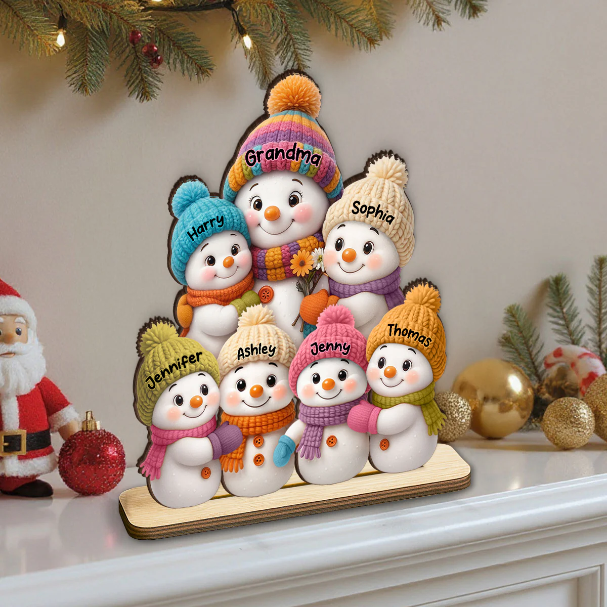 Snowman Grandma and Grandkids - Personalized Wooden Plaque - Fireplace Decor, Christmas Table Centerpiece - Image 7