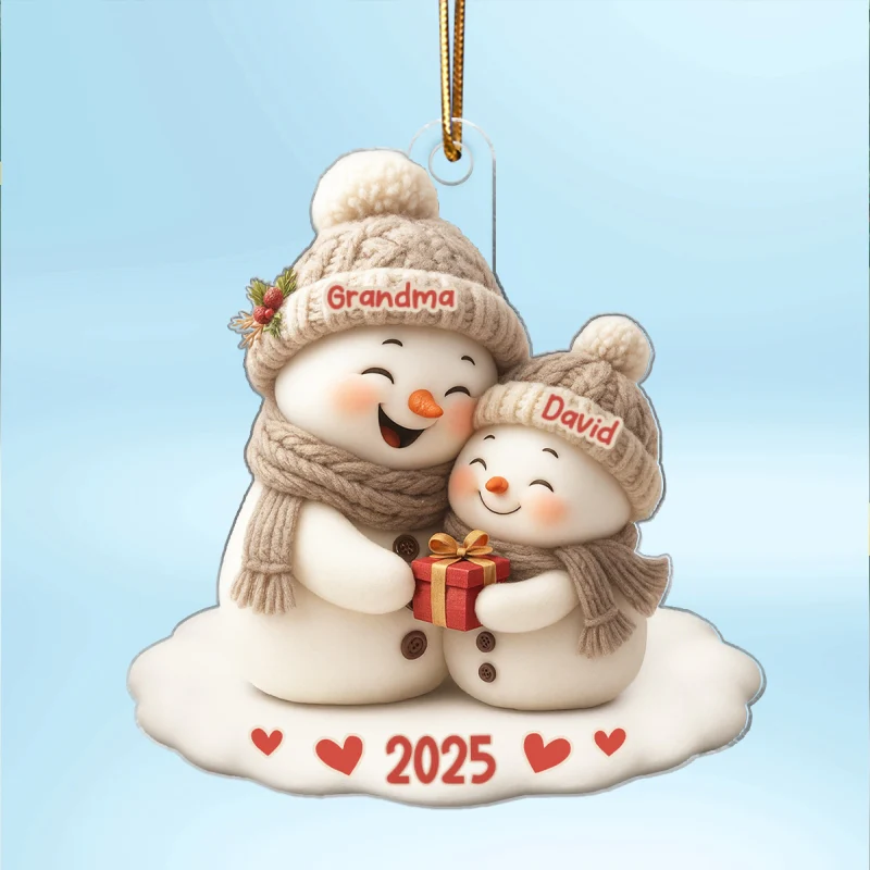 Snowman Grandma Hugging Grandkid Personalized Acrylic Ornament - Image 11