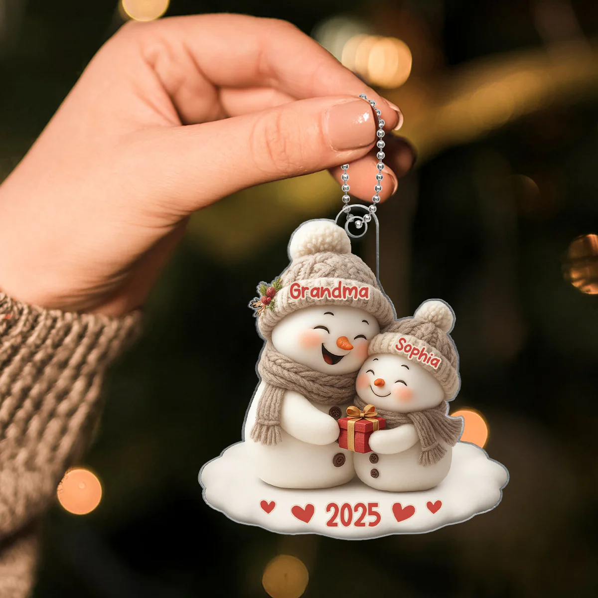 Snowman Grandma Hugging Grandkid Personalized Acrylic Ornament - Image 2