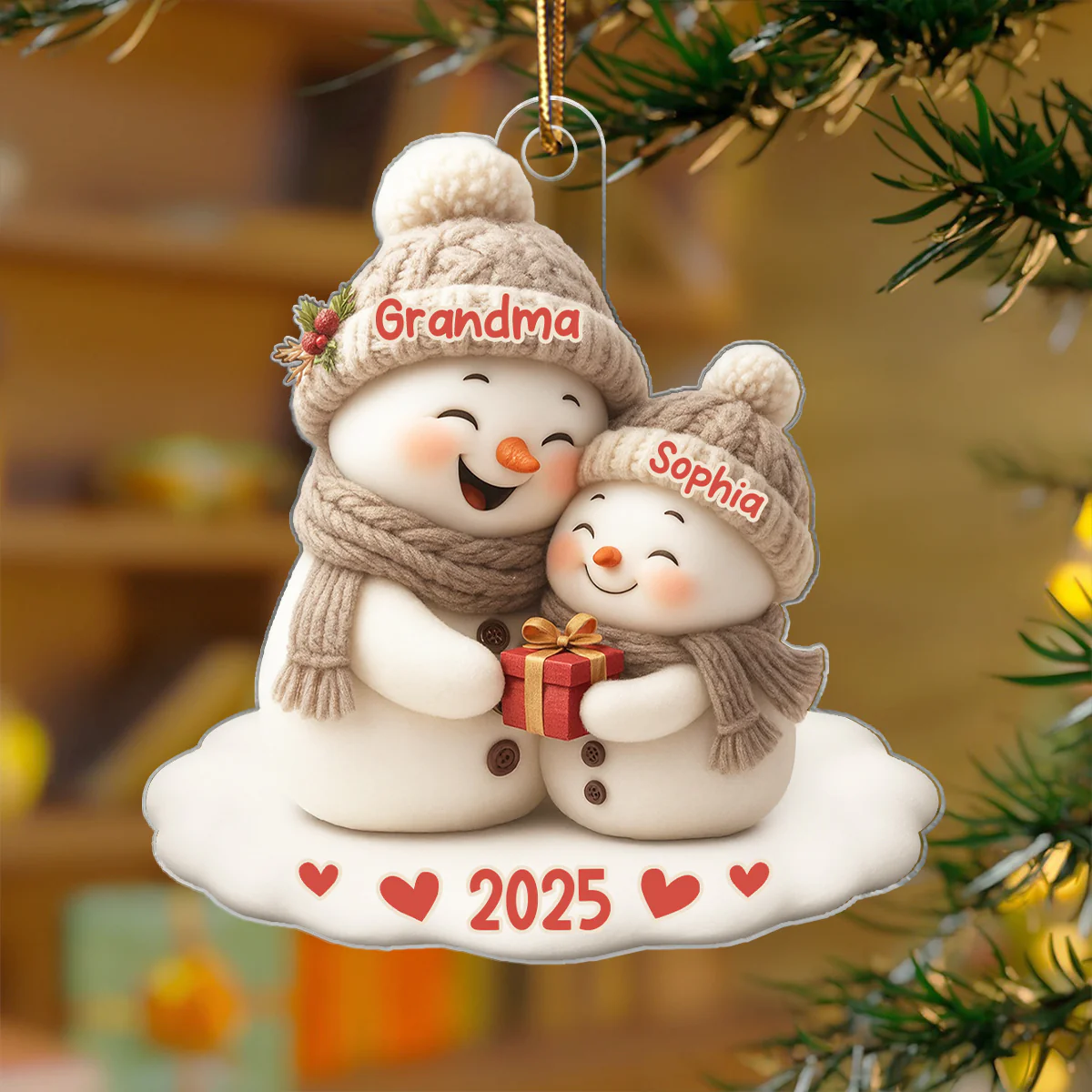 Snowman Grandma Hugging Grandkid Personalized Acrylic Ornament - Image 3