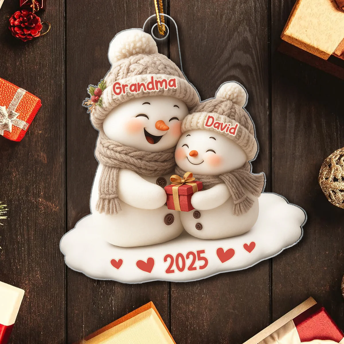 Snowman Grandma Hugging Grandkid Personalized Acrylic Ornament - Image 4
