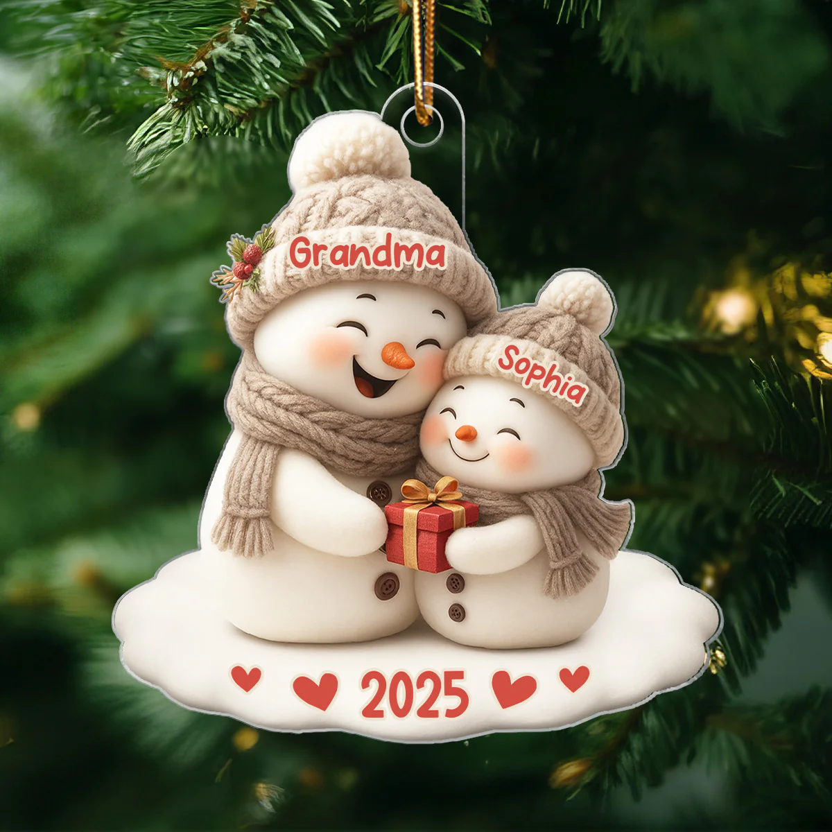 Snowman Grandma Hugging Grandkid Personalized Acrylic Ornament - Image 5