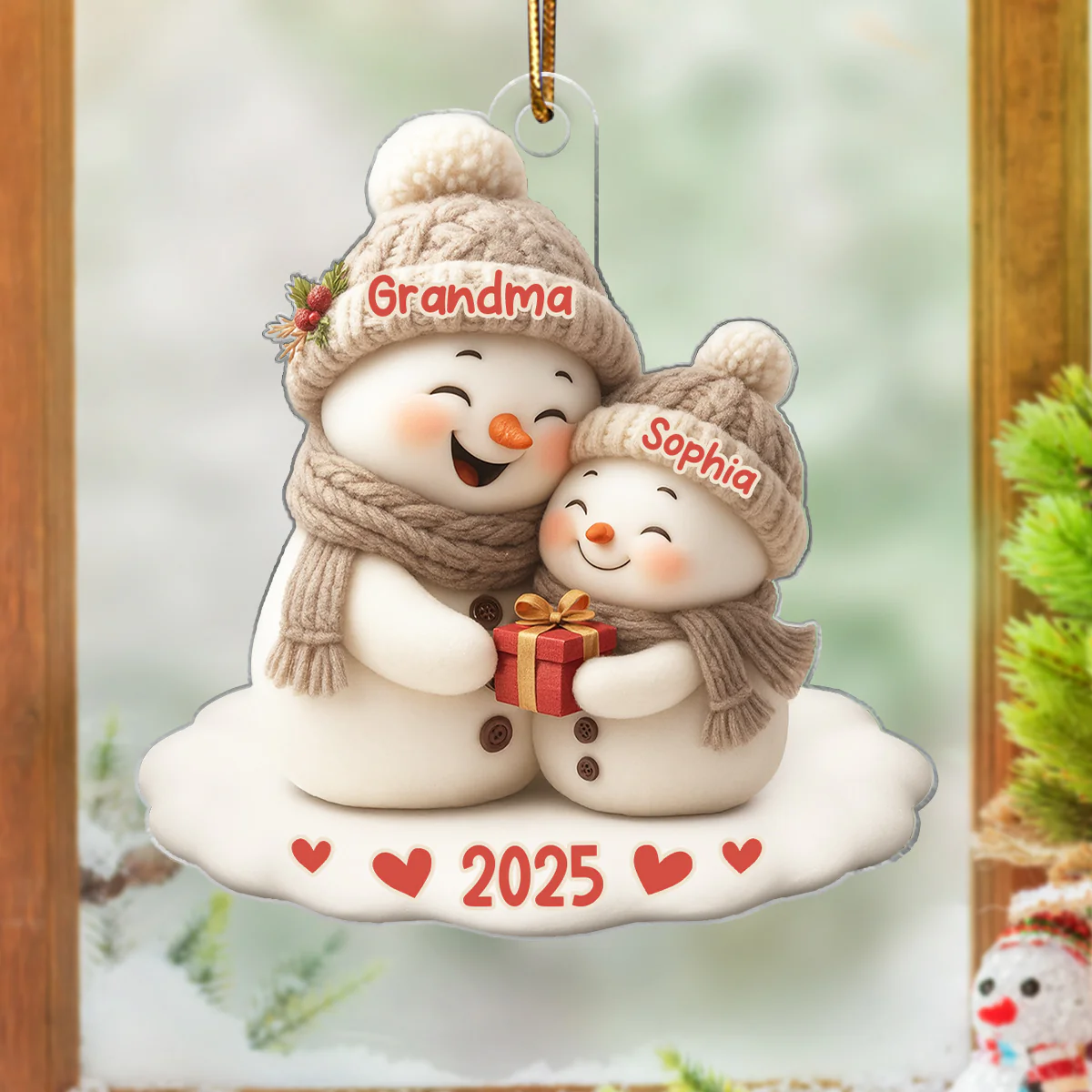 Snowman Grandma Hugging Grandkid Personalized Acrylic Ornament - Image 6