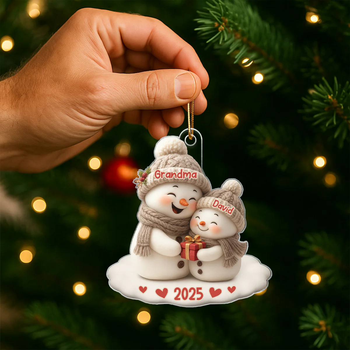Snowman Grandma Hugging Grandkid Personalized Acrylic Ornament - Image 7