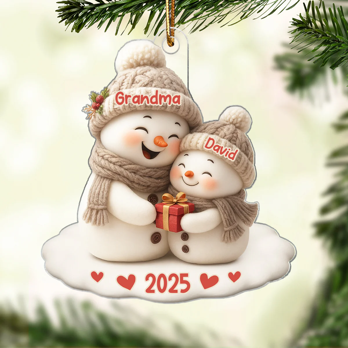 Snowman Grandma Hugging Grandkid Personalized Acrylic Ornament - Image 8