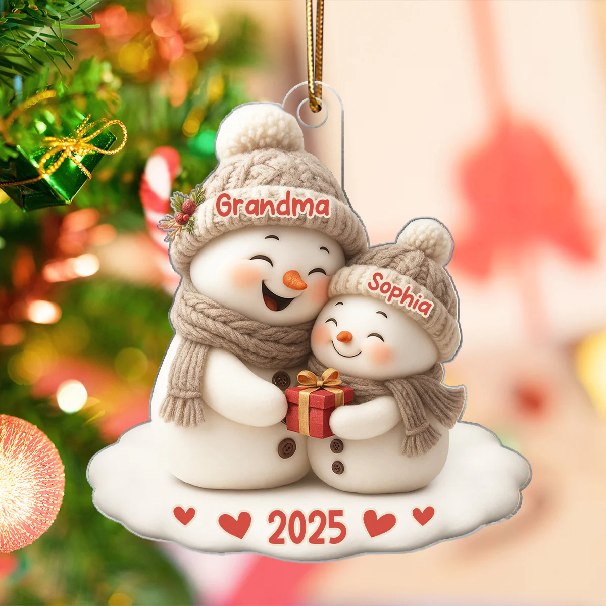 Snowman Grandma Hugging Grandkid Personalized Acrylic Ornament - Image 9