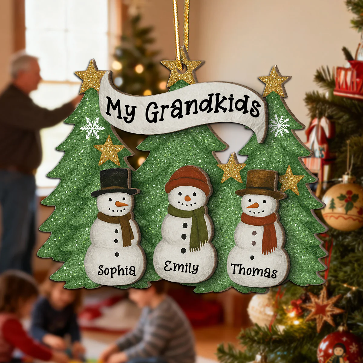 Snowman Grandparent Grandchildren Family Christmas Tree - Personalized 2-Layer Wooden Ornament - Image 2