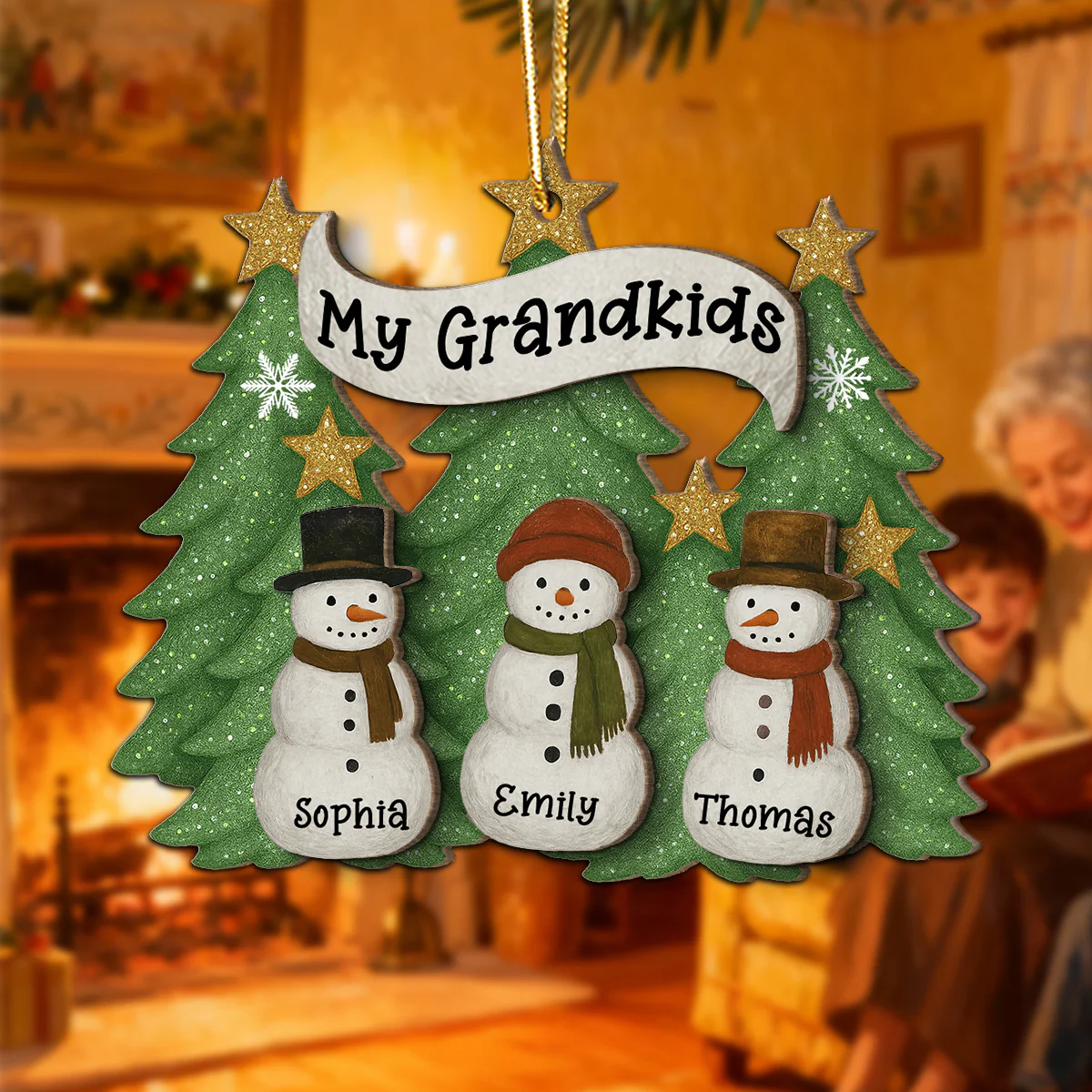 Snowman Grandparent Grandchildren Family Christmas Tree - Personalized 2-Layer Wooden Ornament - Image 3