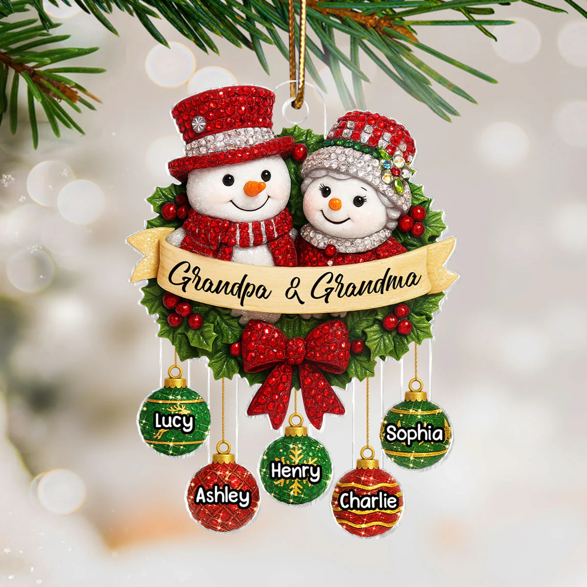 Snowman Grandparents on Christmas Wreath 3D Crystal Effect - Personalized Acrylic Ornament - Christmas Gift for Grandma, Grandpa - Image 2