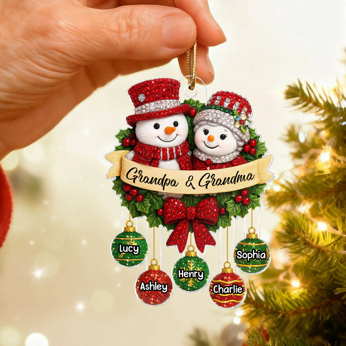 Snowman Grandparents on Christmas Wreath 3D Crystal Effect - Personalized Acrylic Ornament - Christmas Gift for Grandma, Grandpa - Image 3