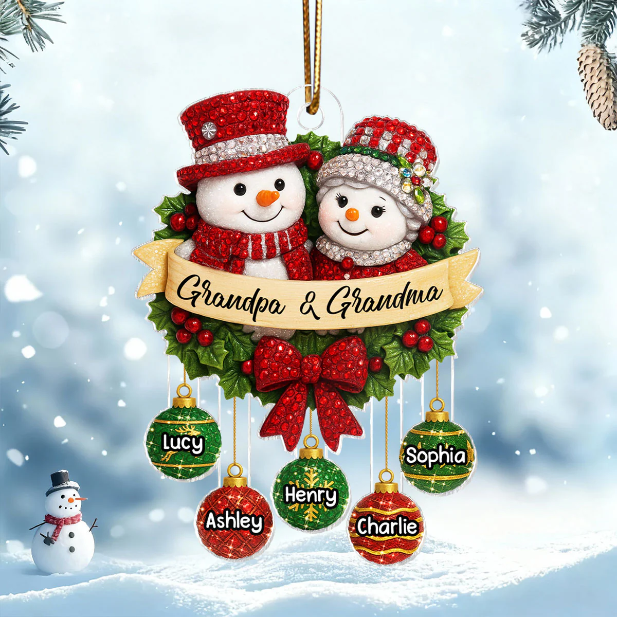 Snowman Grandparents on Christmas Wreath 3D Crystal Effect - Personalized Acrylic Ornament - Christmas Gift for Grandma, Grandpa - Image 4