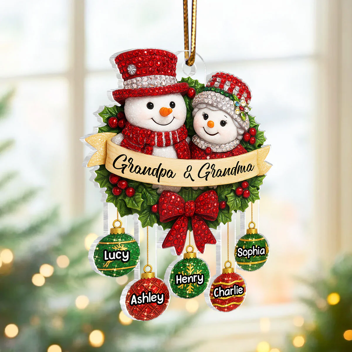 Snowman Grandparents on Christmas Wreath 3D Crystal Effect - Personalized Acrylic Ornament - Christmas Gift for Grandma, Grandpa - Image 6