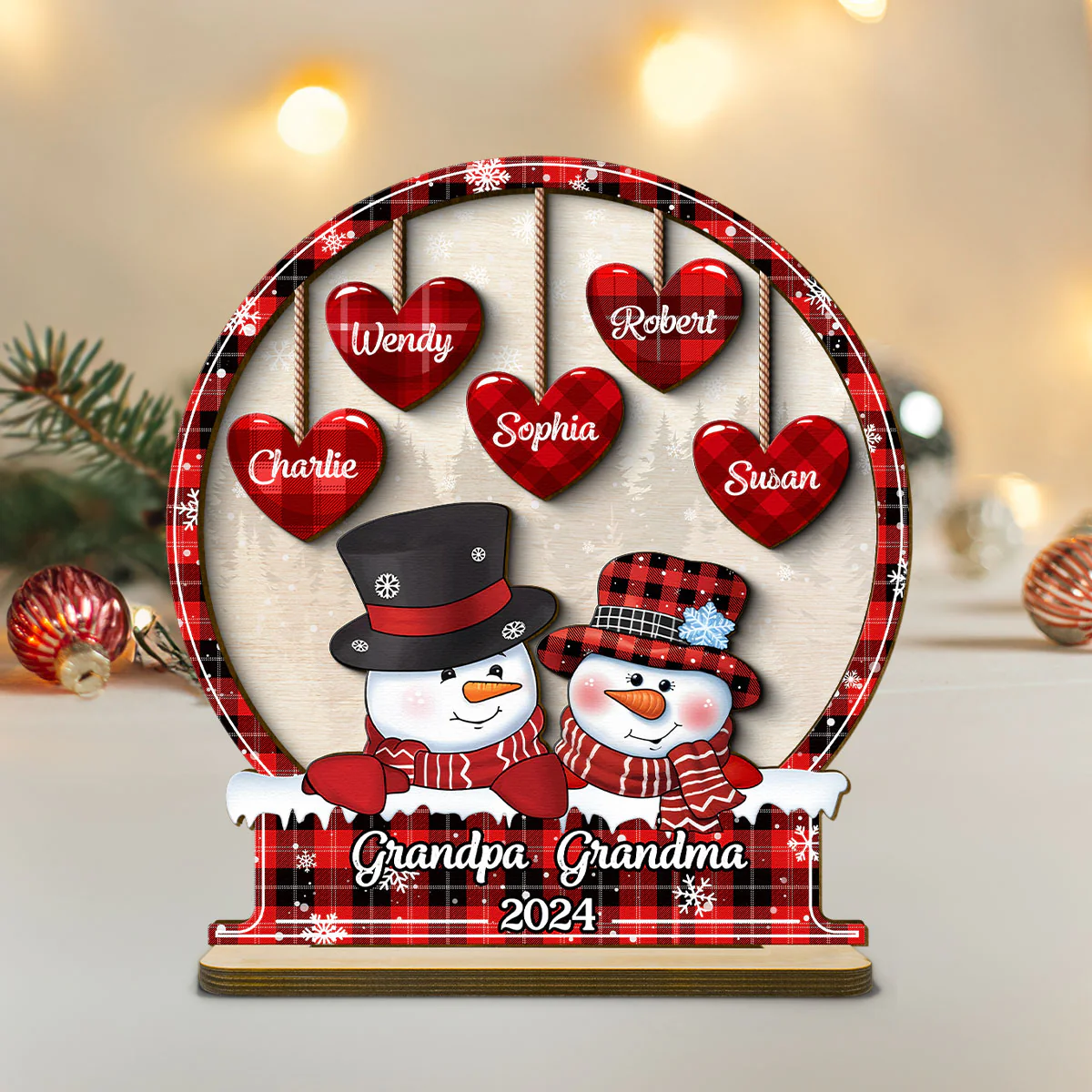 Snowman Papa Nana Dad Mom Heart Kids In Snowball Personalized 2-Layer Standing Wooden Plaque, Christmas Tiered Tray Decor
