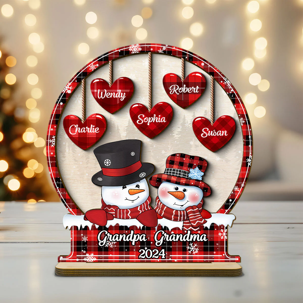 Snowman Papa Nana Dad Mom Heart Kids In Snowball Personalized 2-Layer Standing Wooden Plaque, Christmas Tiered Tray Decor - Image 2
