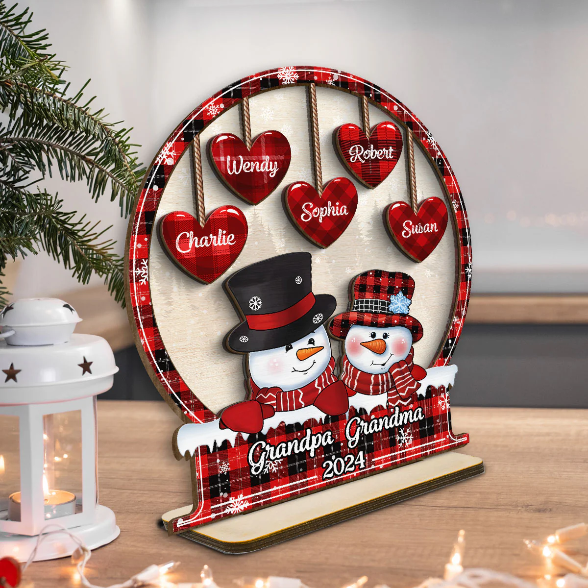 Snowman Papa Nana Dad Mom Heart Kids In Snowball Personalized 2-Layer Standing Wooden Plaque, Christmas Tiered Tray Decor - Image 3