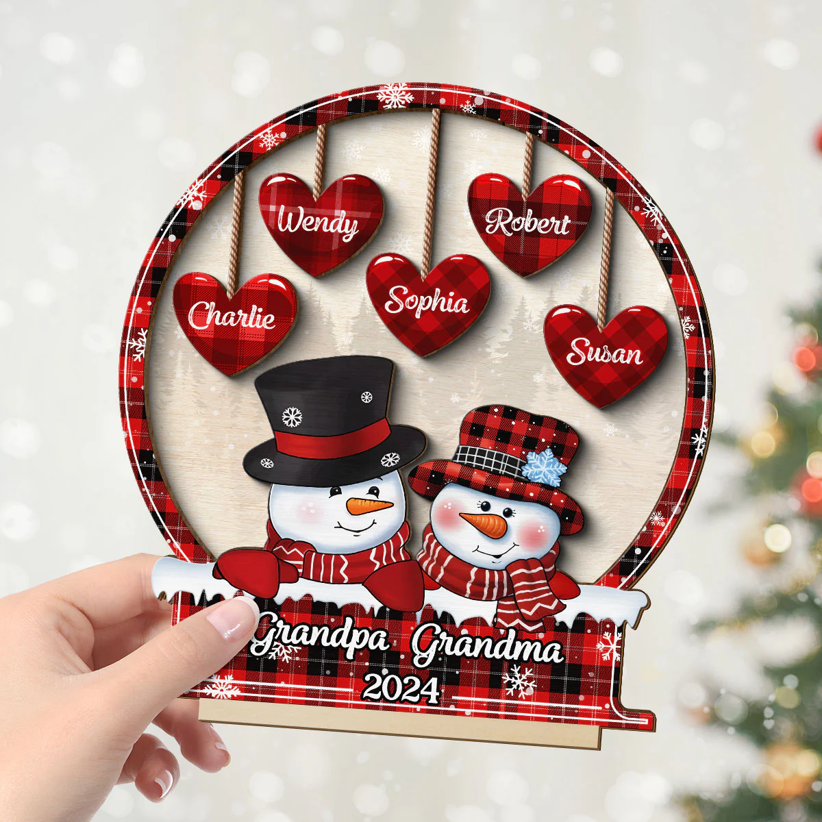 Snowman Papa Nana Dad Mom Heart Kids In Snowball Personalized 2-Layer Standing Wooden Plaque, Christmas Tiered Tray Decor - Image 4