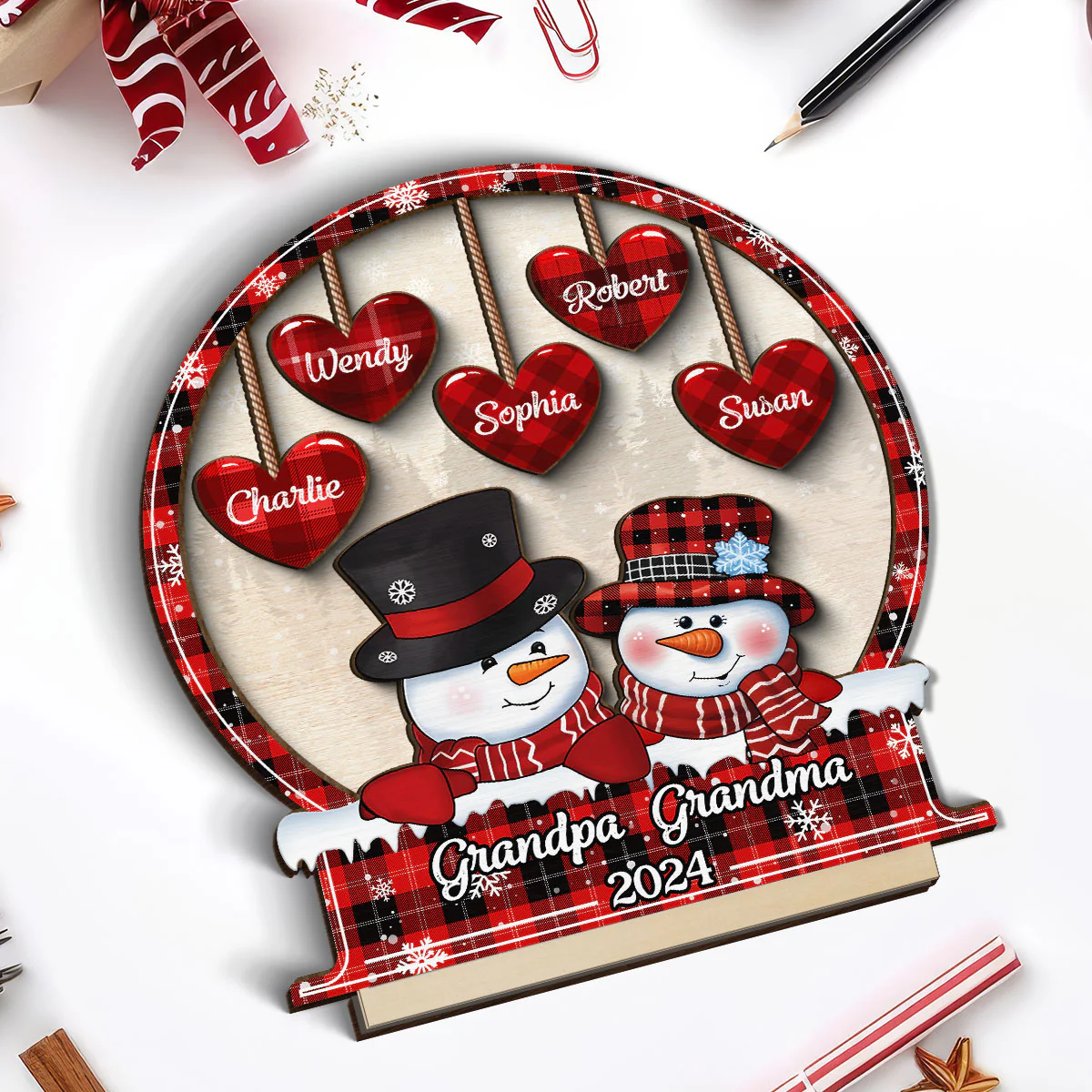 Snowman Papa Nana Dad Mom Heart Kids In Snowball Personalized 2-Layer Standing Wooden Plaque, Christmas Tiered Tray Decor - Image 5