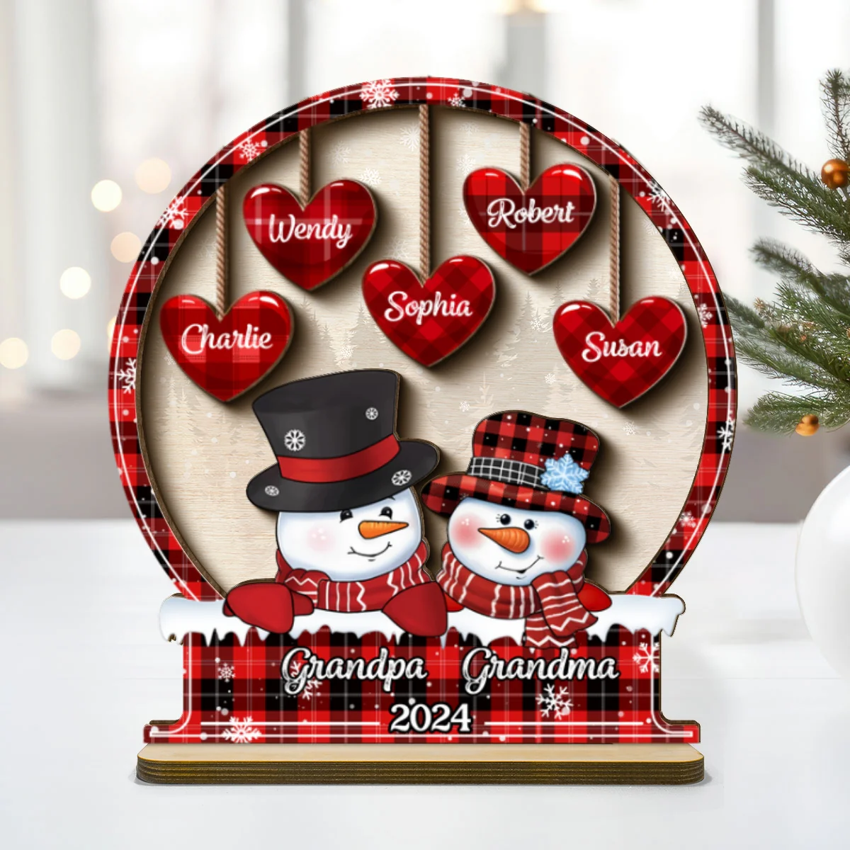 Snowman Papa Nana Dad Mom Heart Kids In Snowball Personalized 2-Layer Standing Wooden Plaque, Christmas Tiered Tray Decor - Image 8
