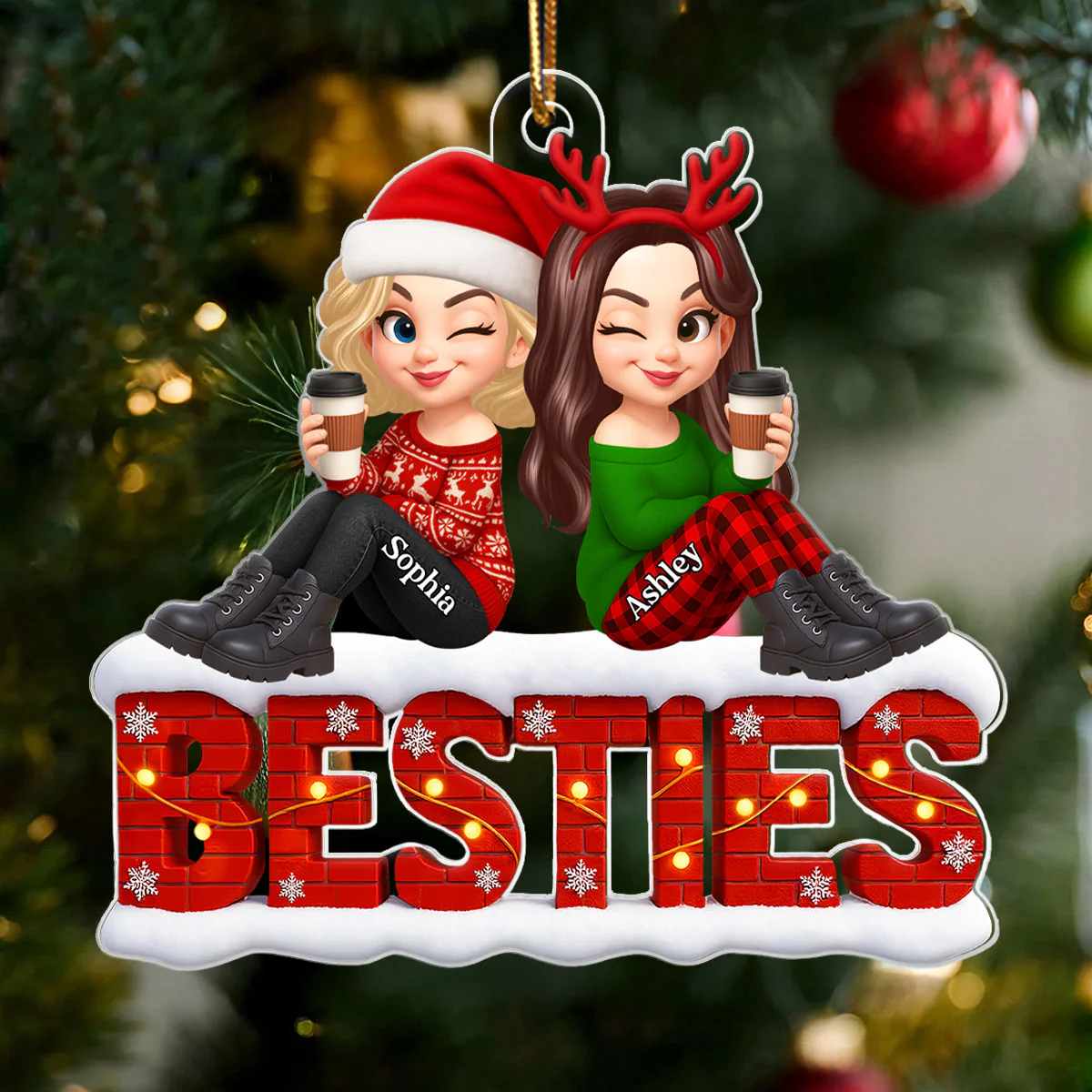 Snowy Brick Wall Besties Sisters Personalized Acrylic Ornament - Image 2