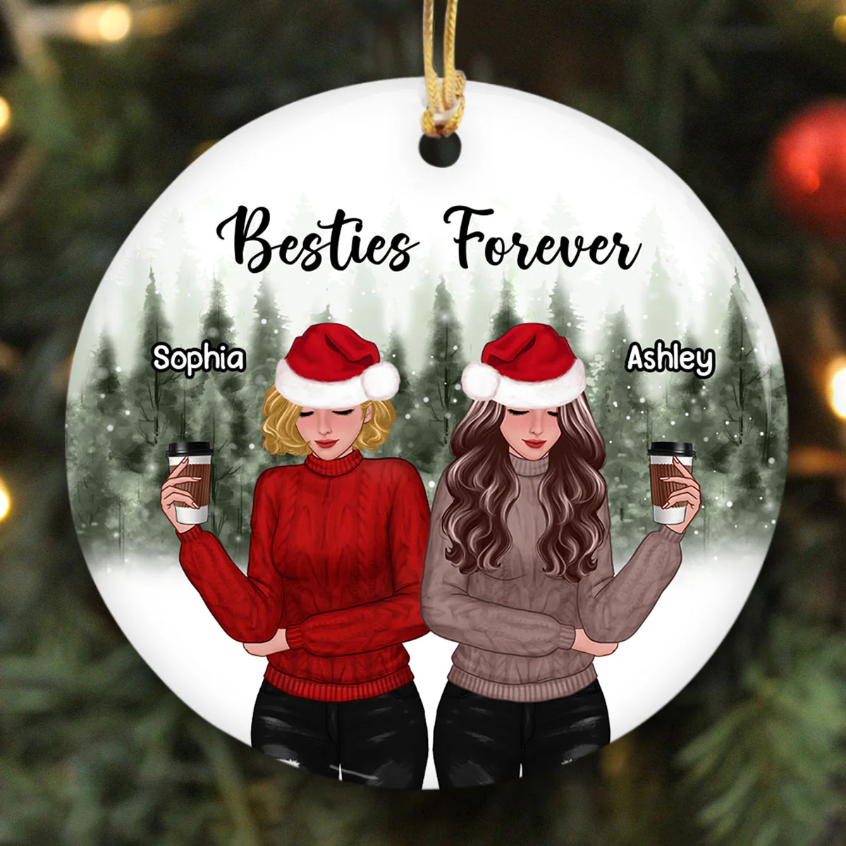 Snowy Pine Tree Forest Front View Christmas Besties Personalized Circle Ornament - Image 2