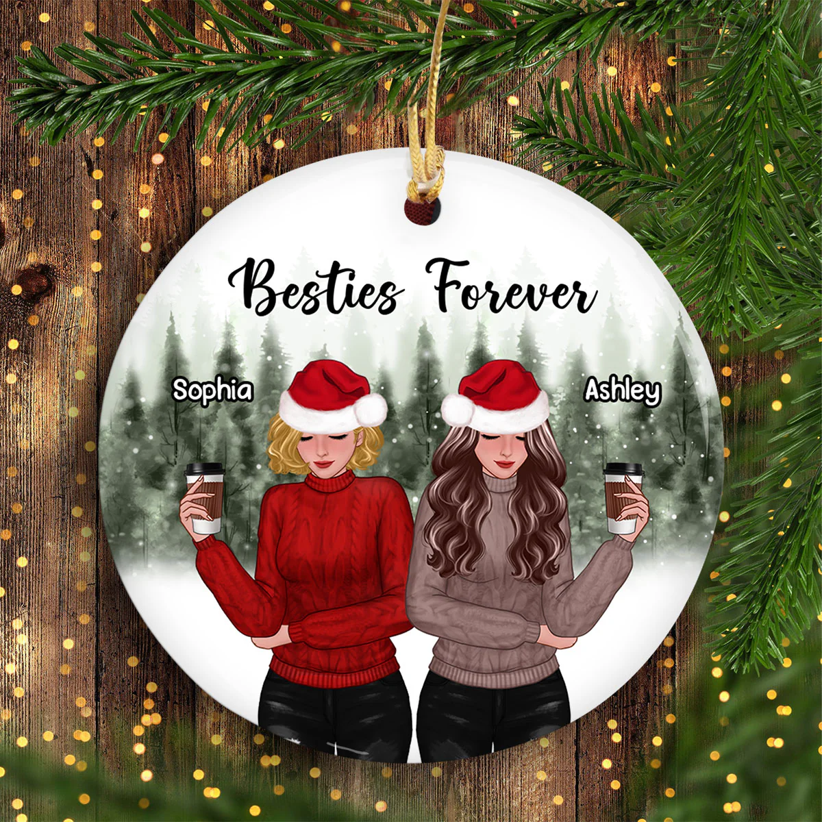 Snowy Pine Tree Forest Front View Christmas Besties Personalized Circle Ornament - Image 3