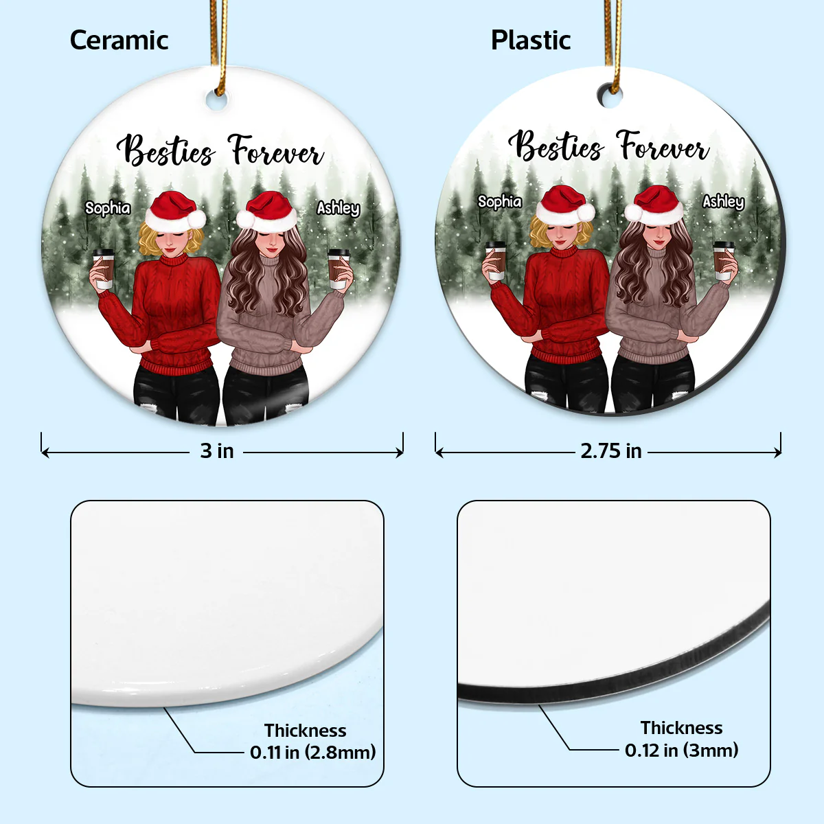Snowy Pine Tree Forest Front View Christmas Besties Personalized Circle Ornament - Image 4