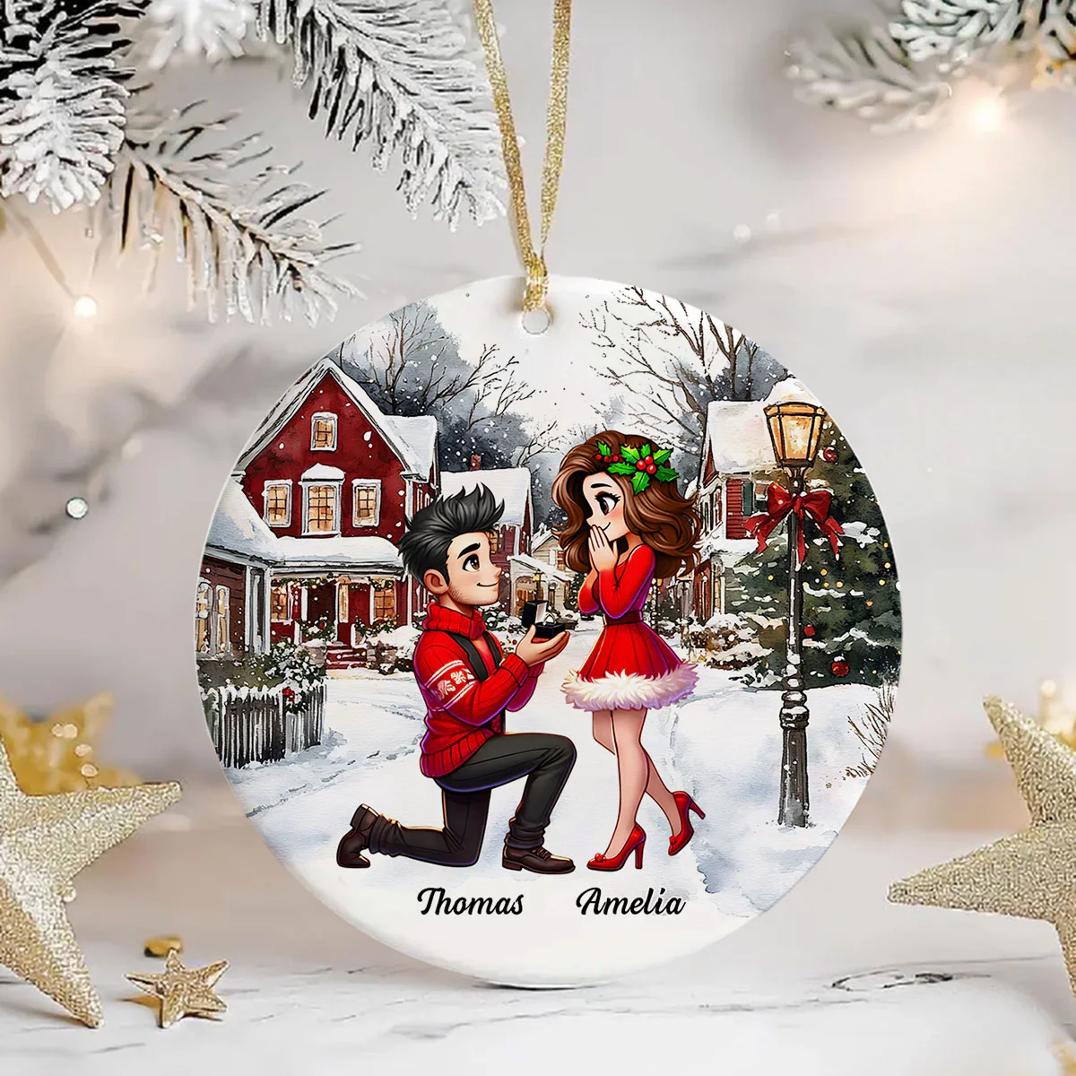 Snowy Scene Couple Marriage Proposal Personalized Ceramic Ornament, Custom Just Engaged Christmas Gifts for Couples