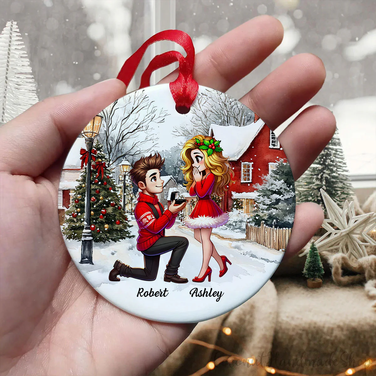 Snowy Scene Couple Marriage Proposal Personalized Ceramic Ornament, Custom Just Engaged Christmas Gifts for Couples - Image 5