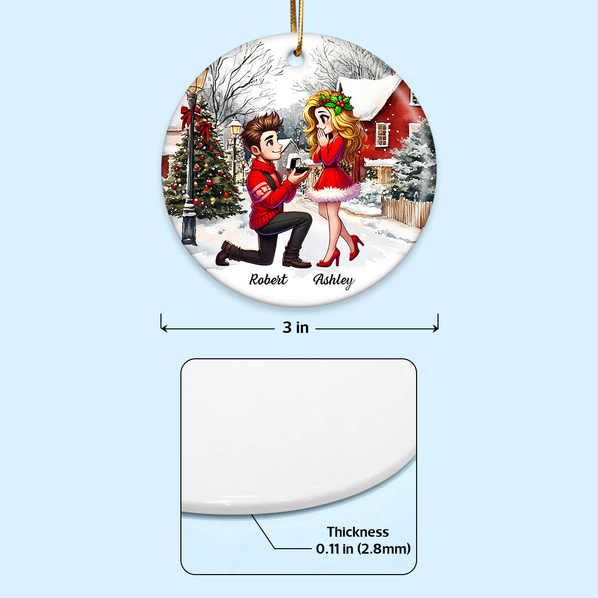 Snowy Scene Couple Marriage Proposal Personalized Ceramic Ornament, Custom Just Engaged Christmas Gifts for Couples - Image 6
