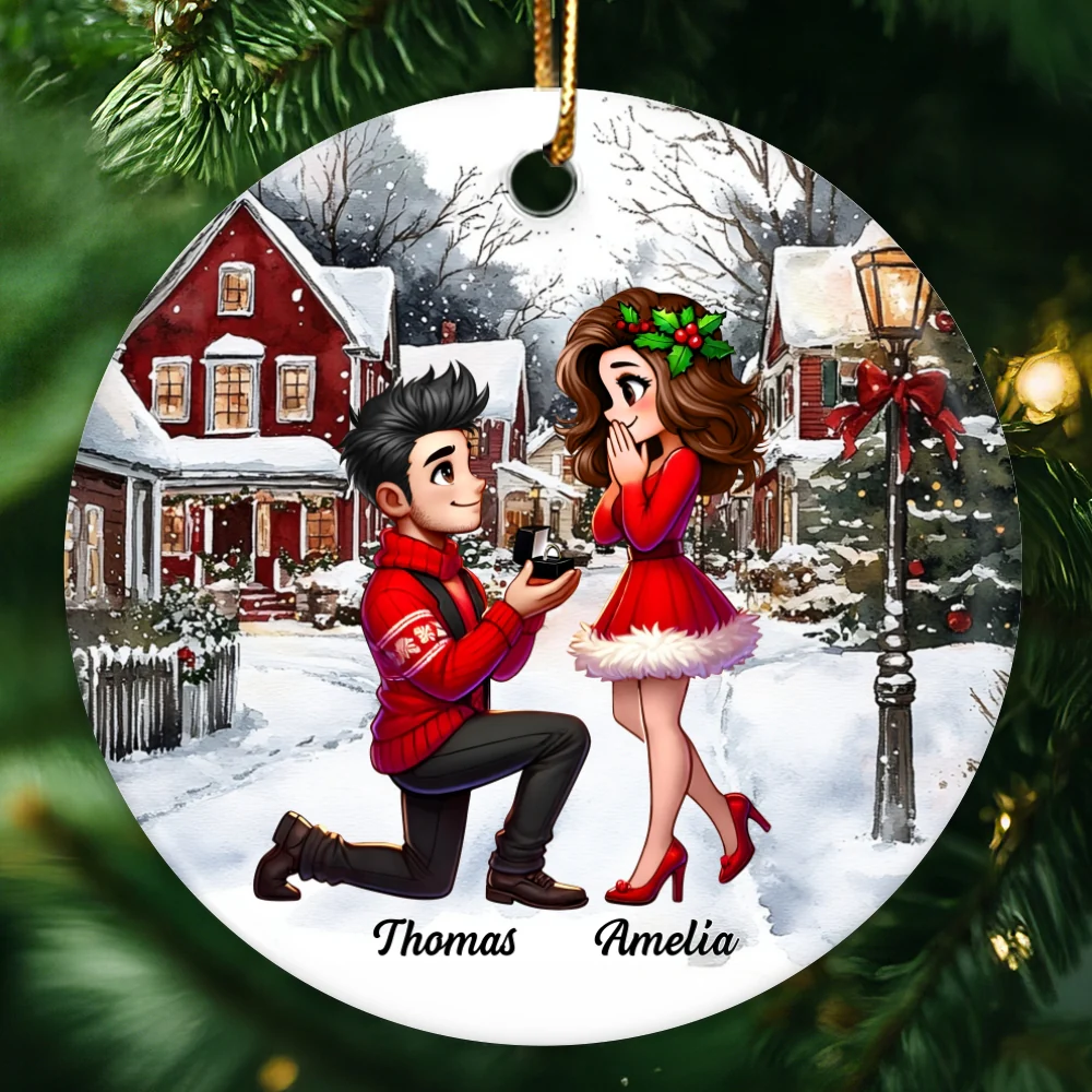 Snowy Scene Couple Marriage Proposal Personalized Ceramic Ornament, Custom Just Engaged Christmas Gifts for Couples - Image 8