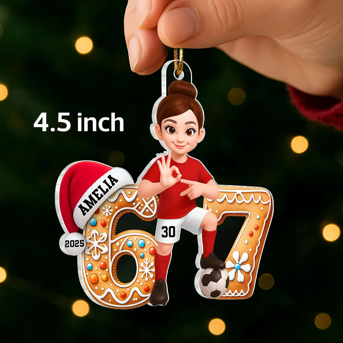 Soccer Boy Girl Christmas Pattern Custom Six Seven 67 - Personalized Acrylic Ornament - Teen Slang Funny Tree Decor, Funny Teen Grandkid Gift - Image 2