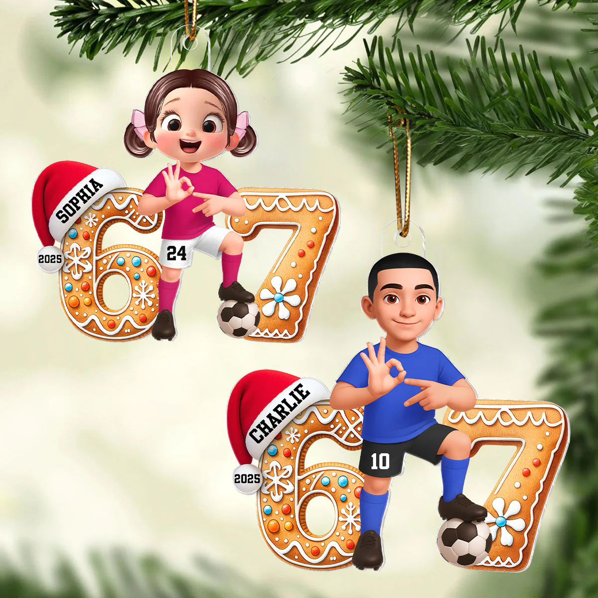 Soccer Boy Girl Christmas Pattern Custom Six Seven 67 - Personalized Acrylic Ornament - Teen Slang Funny Tree Decor, Funny Teen Grandkid Gift - Image 3