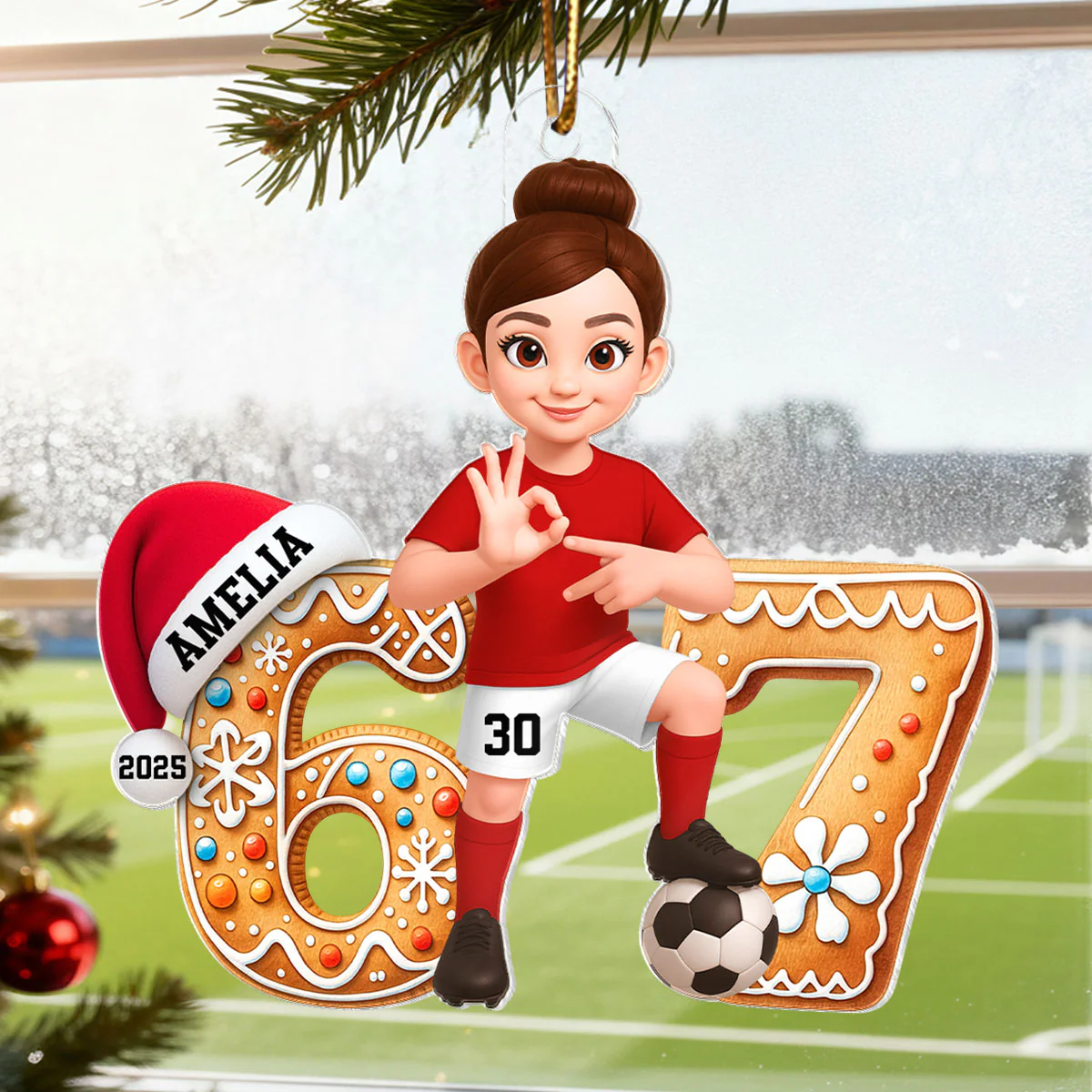 Soccer Boy Girl Christmas Pattern Custom Six Seven 67 - Personalized Acrylic Ornament - Teen Slang Funny Tree Decor, Funny Teen Grandkid Gift - Image 7