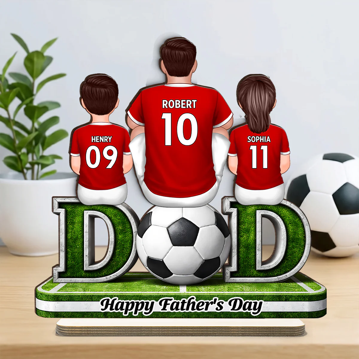 Soccer Dad And Kids Sitting Together - Personalized 2-Layered Wooden Plaque - Heartfelt Gift For Soccer Dad, Gift For Husband