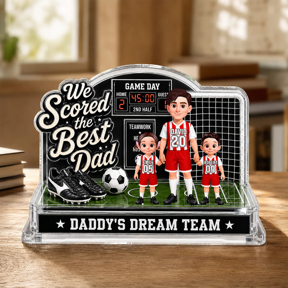 Soccer Dad & Kids On Court 2D Flat - Personalized Acrylic Block Plaque - Gift For Soccer Dad, UK Football Dad